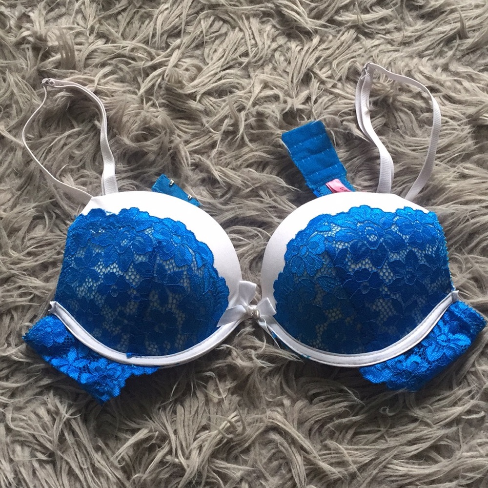 White with blue lace bra